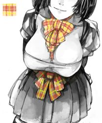 Rule 34 | 1girl, bow, breasts, cleavage, head out of frame, large breasts, monochrome, original, patterned, plaid, pupps, short hair, simple background, skirt, smile, solo, spot color, white background