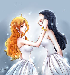 Rule 34 | 2girls, absurdres, ahoge, alternate costume, arm behind back, artist request, bare shoulders, black hair, bracelet, breasts, closed eyes, dress, earrings, female focus, half-closed eyes, height difference, highres, jewelry, large breasts, lipstick, long hair, looking at viewer, makeup, matching hair/eyes, multiple girls, nami (one piece), nico robin, one piece, orange eyes, orange hair, signature, smile, standing, wedding dress, wife and wife, yuri