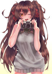 Rule 34 | 1girl, ;d, absurdres, brown hair, camera, eyebrows, girls&#039; frontline, hair between eyes, hair ribbon, highres, long hair, looking at viewer, meme attire, messy hair, nishiro ryoujin, one eye closed, open mouth, ribbon, smile, solo, sweater, sweater vest, twintails, type 97 (girls&#039; frontline), virgin killer sweater, yellow eyes