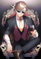 Rule 34 | 1boy, alcohol, animal skull, bliss (ferment factory), bone, brown hair, collared shirt, commentary, crossed legs, cup, drinking glass, english commentary, highres, holding, holding cup, jacket, jacket on shoulders, long sleeves, male focus, mixed-language commentary, necktie, pants, red vest, shirt, shoes, short hair, sitting, skeleton, skull, socks, solo, sunglasses, tatsumi koutarou, throne, tongue, tongue out, vest, wine, wine glass, yellow necktie, zombie land saga