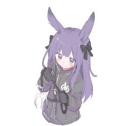 Rule 34 | 1girl, :3, arknights, black bow, black gloves, black jacket, blush, bow, brown shirt, closed mouth, cropped torso, gloves, grey eyes, hair bow, highres, holding, jacket, long hair, long sleeves, looking at viewer, meng xue necky, purple hair, rope (arknights), shirt, simple background, smile, solo, upper body, white background