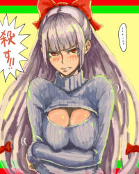 Rule 34 | 1girl, blush, bow, breasts, cleavage, cleavage cutout, clothing cutout, embarrassed, fujiwara no mokou, hair bow, hair ribbon, highres, large breasts, long hair, looking at viewer, meme attire, open-chest sweater, red eyes, ribbon, silver hair, solo, sweater, touhou, translation request, tress ribbon, very long hair, yostel