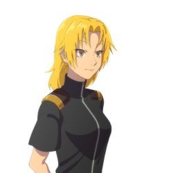 Rule 34 | 1girl, blonde hair, breasts, closed mouth, highres, ilia silvestri, kaien advance, long hair, military, military uniform, simple background, solo, star ocean, star ocean first departure, uniform, white background, yellow eyes