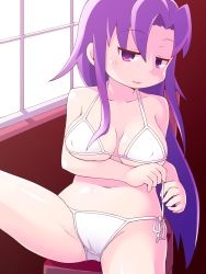 Rule 34 | 1girl, blush, breasts, cleavage, collarbone, goshiki agiri, highres, jinnouchi akira, kill me baby, large breasts, looking at viewer, navel, parted lips, purple eyes, purple hair, sitting, smile, solo