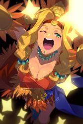 Rule 34 | 1girl, arms up, bead bracelet, beads, blonde hair, blush, bracelet, bracer, breasts, chin piercing, cleavage, echo (circa), fate/grand order, fate (series), feathers, green eyes, headdress, jewelry, large breasts, long hair, looking at viewer, one eye closed, open mouth, orange skirt, parted bangs, poncho, quetzalcoatl (fate), sash, skirt, smile, solo, star (symbol)