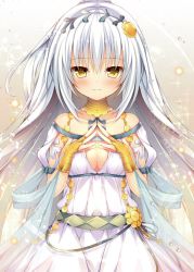 Rule 34 | 1girl, blush, breasts, character request, cleavage, cleavage cutout, closed mouth, clothing cutout, collarbone, commentary request, dress, eyes visible through hair, flower knight girl, hair ornament, huei nazuki, long hair, looking at viewer, medium breasts, own hands clasped, own hands together, silver hair, solo, steepled fingers, yellow eyes