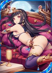 Rule 34 | 1girl, :o, akkijin, ass, bikini, black hair, boots, breast press, breasts, cleopatra (valkyrie crusade), couch, crown, cup, egyptian, from side, full moon, hair ornament, long hair, looking back, lying, medium breasts, moon, hugging object, official art, on stomach, pillow, pillow hug, red eyes, shinkai no valkyrie, sideboob, solo, swimsuit, table, tan, tanline, thighhighs, tiara, uraeus