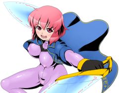 Rule 34 | 1girl, ^ ^, alternate costume, bodysuit, breasts, closed eyes, covered erect nipples, d.koutya, dual wielding, female focus, gloves, holding, homoo..., large breasts, looking at viewer, open mouth, pink eyes, pink hair, saigyouji yuyuko, shiny clothes, short hair, skin tight, smile, solo, sword, sword world 2.0, touhou, transparent background, weapon