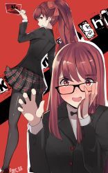 Rule 34 | 1girl, absurdres, artist name, between fingers, black-framed eyewear, black jacket, black neckwear, black pantyhose, black skirt, blazer, bow, bowtie, brown hair, card, commentary, english commentary, gar32, glasses, hair between eyes, hair bow, hand on own face, hand up, highres, holding, holding card, jacket, long hair, long sleeves, looking at viewer, multiple views, pantyhose, persona, persona 5, persona 5 the royal, plaid, plaid skirt, pleated skirt, ponytail, red background, red bow, red eyes, school uniform, shirt, signature, skirt, spoilers, very long hair, white shirt, yoshizawa kasumi