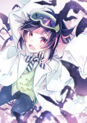 Rule 34 | 1boy, androgynous, black hair, bow, checkered clothes, goggles, goggles on head, highres, lab coat, lilia vanrouge, looking to the side, multicolored hair, natsukawamikan, necktie, pale skin, pink eyes, pink hair, pointy ears, red eyes, solo, twisted wonderland