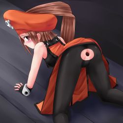Rule 34 | 1girl, all fours, anal, anal cutout, arc system works, ass, blush, bodysuit, brown eyes, brown hair, gaping, guilty gear, hat, may (guilty gear), pirate hat, ponytail, solo, tagme, torn clothes, uncensored, yamaoka46