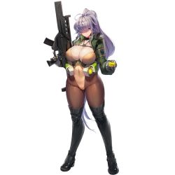 Rule 34 | 1girl, ahoge, assault rifle, blue eyes, boots, breasts, chest strap, explosive, full body, game cg, gloves, gnome (last origin), grenade, gun, hair over one eye, highres, huge breasts, last origin, leotard, long hair, official art, pantyhose, ponytail, purple hair, rifle, snowball, snowball22, solo, tachi-e, thigh boots, thighhighs, transparent background, weapon, yellow leotard