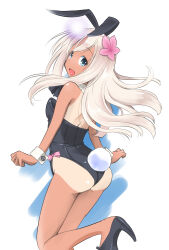Rule 34 | 1girl, animal ears, ass, back, bare legs, black leotard, blonde hair, blue eyes, bow, bowtie, covered navel, detached collar, fake animal ears, flower, hair flower, hair ornament, highres, kantai collection, leotard, looking at viewer, looking back, one-piece tan, open mouth, oversized breast cup, playboy bunny, rabbit ears, rabbit tail, ro-500 (kancolle), smile, solo, strapless, strapless leotard, tail, taisinkoku, tan, tanline, traditional bowtie, wrist cuffs