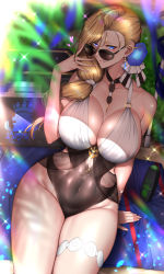 Rule 34 | 1girl, absurdres, azur lane, bare shoulders, blonde hair, blue eyes, breasts, center opening, cleavage, collarbone, covered navel, earrings, flower, hair flower, hair ornament, hair over shoulder, hand up, highres, hood (azur lane), hood (lady of the shining sun) (azur lane), huge filesize, jewelry, kome cola, large breasts, long hair, looking at viewer, necklace, official alternate costume, one-piece swimsuit, parted lips, sitting, smile, solo, sunglasses, swimsuit, thigh strap