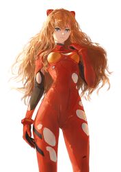 Rule 34 | 1girl, absurdres, artist request, blue eyes, bodysuit, breasts, brown hair, curvy, evangelion: 3.0+1.0 thrice upon a time, expressionless, highres, long hair, looking to the side, medium breasts, neon genesis evangelion, plugsuit, rebuild of evangelion, red background, red bodysuit, shiny clothes, simple background, skin tight, small breasts, solo, souryuu asuka langley, standing, torn bodysuit, torn clothes, two side up, white background, wide hips