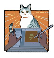 Rule 34 | 1other, absurdres, animal collar, animal focus, border, cat, closed mouth, collar, colored sclera, drawing (action), drawing tablet, emphasis lines, fingernails, highres, holding, holding stylus, itou shizu, looking at viewer, orange background, original, pov, stylus, tabby cat, white border, yellow sclera