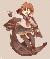 Rule 34 | 1girl, anchor, anchor symbol, armor, artist name, black thighhighs, blue sailor collar, blush, brown hair, collarbone, commentary, fang, full body, hair between eyes, hair ornament, hairclip, ikazuchi (kancolle), ina (1813576), kantai collection, loafers, long sleeves, machinery, neckerchief, open mouth, pleated skirt, pointing, red neckerchief, rigging, sailor collar, school uniform, serafuku, shoes, short hair, simple background, skirt, smile, solo, thighhighs, torpedo, torpedo tubes, v-shaped eyebrows, weapon