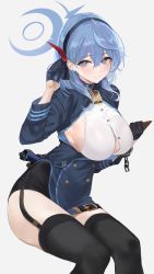 Rule 34 | 1girl, ako (blue archive), bell, black gloves, black skirt, blue archive, blue eyes, blue hair, blue hairband, blush, breasts, earrings, garter straps, gloves, hair between eyes, hair ribbon, hairband, half gloves, halo, highres, jewelry, large breasts, long hair, long sleeves, looking at viewer, mexif, neck bell, ribbon, sideboob, simple background, skirt, solo, thighhighs
