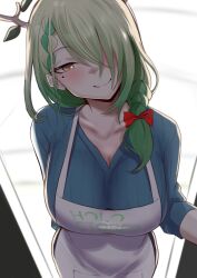 Rule 34 | 1girl, antlers, apron, ceres fauna, green hair, highres, hololive, hololive english, horns, long sleeves, looking at viewer, medium hair, redi (rasec asdjh), smile, solo, virtual youtuber, yellow eyes