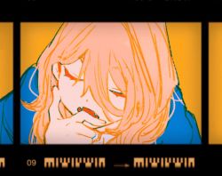 Rule 34 | 1girl, blue jacket, chainsaw man, closed eyes, fangs, hand on own face, highres, jacket, letterboxed, long hair, open mouth, pecopecosupipi, pink hair, power (chainsaw man), sharp teeth, solo, teeth, yellow eyes