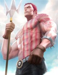 Rule 34 | 1boy, abs, arm tattoo, bara, belt, black pants, charlotte katakuri, chest tattoo, denim, foreshortening, from below, holding, holding polearm, holding weapon, jeans, large pectorals, looking at viewer, male focus, muscular, muscular male, one piece, pants, pectorals, perspective, pink hair, polearm, sephirona, short hair, skull, solo, spikes, stitches, tattoo, veins, veiny arms, weapon