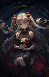 Rule 34 | 1girl, absurdres, black dress, black jacket, black thighhighs, blonde hair, cotta (heleif), dark background, dress, ereshkigal (fate), fate/grand order, fate (series), flower, hair ribbon, halterneck, highres, holding, holding skull, jacket, looking down, off shoulder, parted lips, red flower, red rose, ribbon, rose, skull, smile, solo, thighhighs, twintails, yellow eyes