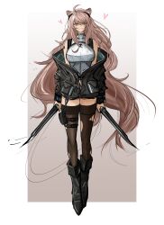 Rule 34 | 1girl, absurdres, ahoge, animal ears, arknights, bare shoulders, blush, boots, breasts, bright pupils, dual wielding, full body, gradient background, gravel (arknights), highres, holding, infection monitor (arknights), jacket, kingdom of kazimierz logo, leotard, long hair, medium breasts, open clothes, open jacket, pink eyes, pink hair, smile, solo, tan, thighhighs, very long hair, weapon, white leotard, white pupils