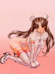 Rule 34 | 1girl, absurdres, bent over, brown eyes, brown hair, bun cover, canopri comic, corset, double bun, elbow gloves, gloves, greaseberries, highres, long hair, looking at viewer, maid, nenenn cranberry, open mouth, shirou masamune, skirt, solo, thighhighs, twintails