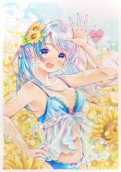 Rule 34 | 1girl, artist name, babydoll, blue bra, blue hair, blue nails, blue panties, blue sky, bow, bow bra, bow panties, bra, breasts, bubble, commentary request, day, ear piercing, earrings, fang, field, flower, flower earrings, flower field, gradient hair, hair flower, hair ornament, hair ribbon, hand on own hip, heart, highres, jewelry, lace, lace-trimmed bra, lace-trimmed panties, lace trim, lilylily0601, lingerie, long hair, looking at viewer, marker (medium), medium breasts, multicolored hair, nail polish, navel, open mouth, original, outdoors, panties, piercing, pink eyes, pink hair, pink ribbon, pointy ears, ribbon, see-through, skin fang, sky, smile, solo, standing, sunflower, traditional media, twitter username, underwear, underwear only, waving, wind, yellow flower
