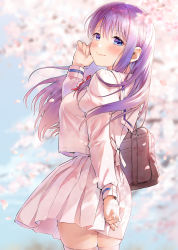 Rule 34 | 1girl, bag, blue eyes, blurry, blurry background, blush, bow, branch, breasts, closed mouth, commentary request, day, depth of field, from behind, geshumaro, hair between eyes, hand up, highres, juliet sleeves, large breasts, long hair, long sleeves, looking at viewer, looking back, original, outdoors, petals, pleated skirt, puffy sleeves, purple hair, red bow, sailor collar, school uniform, serafuku, shirt, shirt overhang, skindentation, skirt, smile, solo, thighhighs, very long hair, white sailor collar, white serafuku, white shirt, white skirt, white thighhighs