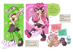 Rule 34 | &gt; &lt;, + +, 4girls, baseball cap, beamed eighth notes, black dress, black footwear, black hair, boots, brown eyes, callie (splatoon), character name, clenched hands, closed mouth, commentary, constricted pupils, cousins, cropped torso, crossed arms, crying, dark-skinned female, dark skin, dress, earrings, eighth note, english commentary, english text, fangs, gomipomi, green headwear, green jacket, green legwear, grey hair, hat, heart, heart hands, holding, jacket, jewelry, laughing, leaning forward, long hair, looking at viewer, marie (splatoon), marina (splatoon), mole, mole under eye, motion lines, multiple girls, musical note, nintendo, octoling, one eye closed, open mouth, pantyhose, pearl (splatoon), pink hair, pink pupils, print headwear, purple legwear, short dress, short hair, smile, socks, sparkle, splatoon (series), splatoon 2, squid, squidbeak splatoon, standing, standing on one leg, suction cups, tentacle hair, very long hair, x