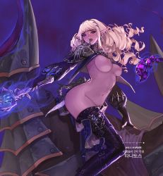 Rule 34 | 00s, 1girl, armor, bad id, bad pixiv id, blonde hair, blush, breasts, drill hair, dungeon and fighter, elf, happening18, long hair, looking at viewer, naked armor, navel, necromancer (dungeon and fighter), nipples, nude filter, open mouth, pointy ears, purple eyes, solo, thief (dungeon and fighter), third-party edit