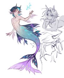 Rule 34 | 1boy, animal ears, aqua hair, arm fins, black hair, blue hair, closed mouth, colored nipples, doupu41, eyeliner, facial mark, fish, forehead mark, full body, genshin impact, highres, horns, looking to the side, makeup, male focus, merman, monster boy, monsterification, multicolored hair, multiple views, nipples, nude, profile, purple nipples, reaching, sidelocks, sketch, submerged, toned, toned male, two-tone hair, xiao (genshin impact), yellow eyes
