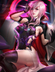 Rule 34 | 10s, 1girl, black gloves, black thighhighs, blue eyes, cape, final fantasy, final fantasy xiii, gloves, gradient background, leotard, lightning farron, lightning returns: final fantasy xiii, lips, lipstick, long hair, makeup, md5 mismatch, pink hair, pink lips, popped collar, sakimichan, sitting, solo, thighhighs, watermark, web address
