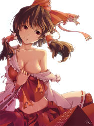 Rule 34 | 1girl, bad id, bad pixiv id, bow, breasts, brown eyes, brown hair, cleavage, detached sleeves, female focus, hair bow, hair tubes, hakurei reimu, hino mamori, large breasts, long hair, long sleeves, midriff, off shoulder, re lucy, shirt, simple background, skirt, skirt set, solo, touhou, white background, wide sleeves