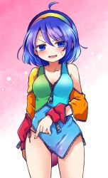 Rule 34 | 1girl, ahoge, blue eyes, blue hair, breasts, collarbone, commentary request, dress, gradient background, hairband, highres, looking at viewer, medium breasts, multicolored clothes, multicolored dress, multicolored hairband, panties, patchwork clothes, pote (ptkan), rainbow, rainbow gradient, short hair, side-tie panties, simple background, single bare shoulder, solo, sweatdrop, tenkyuu chimata, touhou, two-sided fabric, underwear, v-shaped eyebrows, wavy mouth, zipper, zipper pull tab