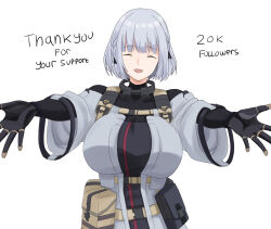 Rule 34 | 1girl, black bodysuit, black gloves, bodysuit, breasts, closed eyes, cyka, english text, girls&#039; frontline, gloves, grey jacket, highres, jacket, large breasts, medium hair, open mouth, rpk-16 (girls&#039; frontline), smile, solo, thank you, upper body, white background, white hair, wide sleeves