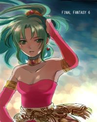 Rule 34 | 1990s (style), 1girl, armpits, bare shoulders, choker, copyright name, earrings, elbow gloves, final fantasy, final fantasy vi, gloves, green eyes, green hair, gsm101, jewelry, long hair, ponytail, retro artstyle, solo, text focus, tina branford