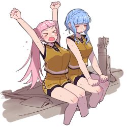 Rule 34 | &gt;o&lt;, 2girls, arms up, blue hair, blunt bangs, blush, breasts, commentary request, do m kaeru, female focus, fire emblem, fire emblem: three houses, hair bun, hilda valentine goneril, large breasts, long hair, marianne von edmund, multiple girls, nintendo, open mouth, pink hair, shorts, single hair bun, sitting, sleeveless, stretching, sweat, tongue, twintails