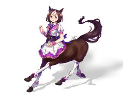 Rule 34 | 1girl, :d, absurdres, animal ears, bow, braid, breasts, brown hair, centaur, chinese commentary, commentary request, dated, ear bow, french braid, frilled skirt, frills, full body, highres, horse ears, horse tail, looking at viewer, medium breasts, monster girl, monsterification, multicolored hair, multiple legs, neck ribbon, open mouth, purple bow, purple eyes, purple ribbon, purple vest, ribbon, shadow, shirt, short hair, short sleeves, sidelocks, signature, simple background, skirt, smile, solo, special week (umamusume), tail, taur, thighhighs, two-tone hair, umamusume, vest, white background, white hair, white shirt, white skirt, white thighhighs, wrist cuffs, yu su (moziki)