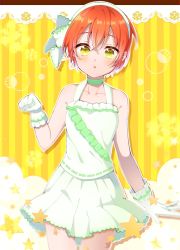 Rule 34 | 1girl, :o, artist name, artist request, bare legs, bare shoulders, breasts, choker, clenched hand, collarbone, dress, female focus, frilled dress, frills, gloves, green choker, green eyes, hair between eyes, hairband, hairbraid, highres, hoshizora rin, looking at viewer, love live!, love live! school idol festival, love live! school idol project, orange hair, parted lips, polar bear (pixiv30814807), short hair, skirt, small breasts, smile, solo, white detached collar, white dress, white gloves, white hairband, white skirt, yellow eyes