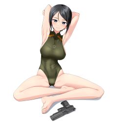 Rule 34 | 1girl, absurdres, armpits, arms behind head, barefoot, black eyes, black hair, breasts, chouno ami, commentary request, competition swimsuit, feet, girls und panzer, green one-piece swimsuit, gun, handgun, highres, indian style, looking at viewer, medium breasts, one-piece swimsuit, presenting armpit, short hair, sig p220/p226, sig sauer, simple background, sitting, solo, swept bangs, swimsuit, takafumi, toes, turtleneck, variant set, weapon, white background