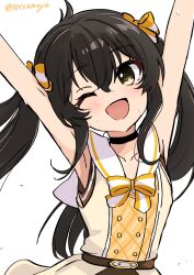 Rule 34 | 1girl, ;d, armpits, black footwear, black hair, bow, collarbone, commentary request, hair bow, highres, idol, idolmaster, idolmaster cinderella girls, idolmaster cinderella girls u149, long hair, matoba risa, one eye closed, open mouth, roccamoya, smile, solo, striped, striped bow, sweat, twintails, twitter username, yellow eyes