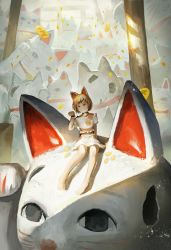 Rule 34 | 1girl, animal ears, arm up, barefoot, bell, blonde hair, blurry, blurry background, calico, cat ears, cat girl, cat tail, coin, commentary, damaged, fjsmu, goutokuji mike, highres, looking at viewer, maneki-neko, multicolored hair, neck bell, shirt, short hair, short sleeves, sitting, sitting on object, skirt, smile, solo, streaked hair, tail, touhou, very short hair, white shirt, white skirt