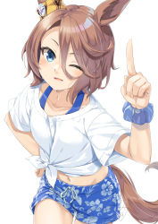 Rule 34 | 1girl, animal ears, blue eyes, blue scrunchie, blue shorts, brown hair, commentary request, cowboy shot, crop top, floral print, gaze on me! outfit (umamusume), hair between eyes, hand up, horse ears, index finger raised, looking at viewer, midriff, miri (ago550421), narita taishin (umamusume), navel, one eye closed, open mouth, scrunchie, shirt, short hair, short sleeves, shorts, simple background, solo, standing, stomach, tail, tied shirt, umamusume, white background, white shirt, wrist scrunchie