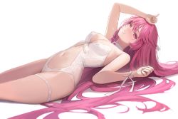 Rule 34 | 1girl, arm up, bare shoulders, blush, breasts, casual one-piece swimsuit, center opening, choker, cleavage, freng, grin, highres, long hair, lying, medium breasts, navel, on back, one-piece swimsuit, original, parted lips, photoshop (medium), pink hair, purple eyes, ribbon, simple background, smile, solo, sparkle, stomach, swimsuit, thigh strap, very long hair, white background, white choker, white one-piece swimsuit, white ribbon, wrist ribbon