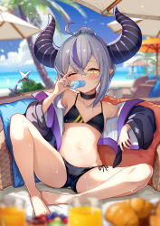 Rule 34 | 1girl, ahoge, bare legs, bare shoulders, barefoot, beach, beach umbrella, bikini, black bikini, black choker, blue sky, blurry, blurry background, blurry foreground, blush, brat (brabrabrat00), breasts, choker, cloud, cloudy sky, collarbone, day, demon girl, demon horns, depth of field, diagonal stripes, drink, food, food in mouth, grey hair, hair between eyes, hand up, highres, holding, holding food, hololive, horns, jacket, la+ darknesss, leaning back, long sleeves, looking at viewer, multicolored hair, navel, ocean, off shoulder, one eye closed, open clothes, open jacket, outdoors, palm tree, pointy ears, popsicle, popsicle in mouth, purple hair, revision, side-tie bikini bottom, sitting, sky, small breasts, solo, spread legs, stomach, streaked hair, string bikini, striped, striped horns, swimsuit, tree, umbrella, virtual youtuber, wet, yellow eyes