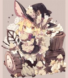 Rule 34 | 1girl, adapted costume, apron, back bow, black footwear, black hat, black skirt, black vest, blonde hair, blue bow, bow, braid, broom, brown bow, chibi, chocolate, commentary request, dessert, food, food on face, frills, full body, grey background, hair bow, hat, hat bow, highres, holding, kinoko no yama, kirisame marisa, long hair, long sleeves, nikorashi-ka, polka dot, polka dot background, red neckwear, shirt, shoes, single braid, sitting, skirt, socks, solo, star (symbol), striped, striped bow, sweets, touhou, turtleneck, vest, waist apron, whipped cream, white shirt, white socks, witch hat, yellow eyes, yule log (cake)