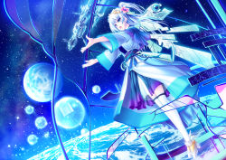 Rule 34 | 1girl, blue eyes, blue hair, flower, hair flower, hair ornament, highres, long hair, matching hair/eyes, open mouth, original, outstretched arms, satellite, solo, space, spacecraft, star (symbol), tenmaso, thighhighs, white thighhighs