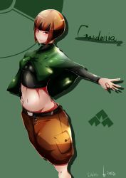 Rule 34 | 1girl, blonde hair, breasts, brown hair, character name, creatures (company), dated, game freak, gardenia (pokemon), green background, gym uniform, highres, looking at viewer, multicolored hair, navel, nintendo, pokemon, pokemon dppt, shiny skin, short hair, shorts, simple background, smile, standing, two-tone hair, uranosaxia, wide hips